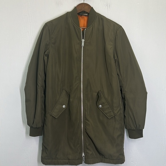H&M - Army Green Shiny Zip Up Long Sleeve With Pockets Long Bomber Jacket SZ XS - Picture 6 of 8
